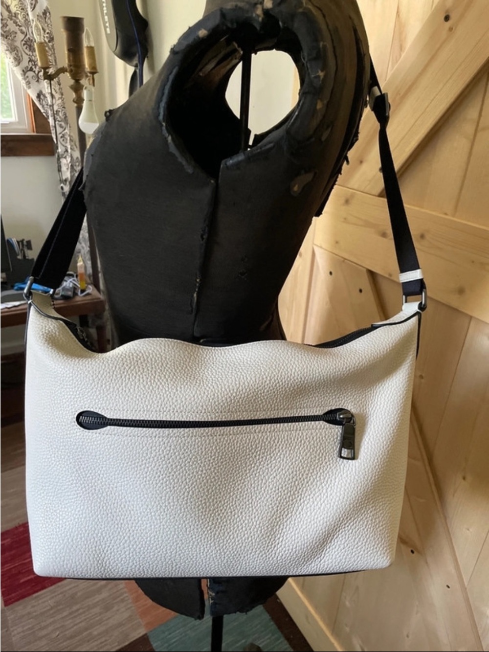 Coach Finn crossbody White Pebbled Shoulder Bag with Black Trim